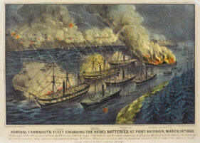 Admiral Farragut’s Fleet Engaging The Rebel Batteries At Port Hudson, March 14th 1863." Currier & Ives. Courtesy Springfield Museums, 2004.D03.200.