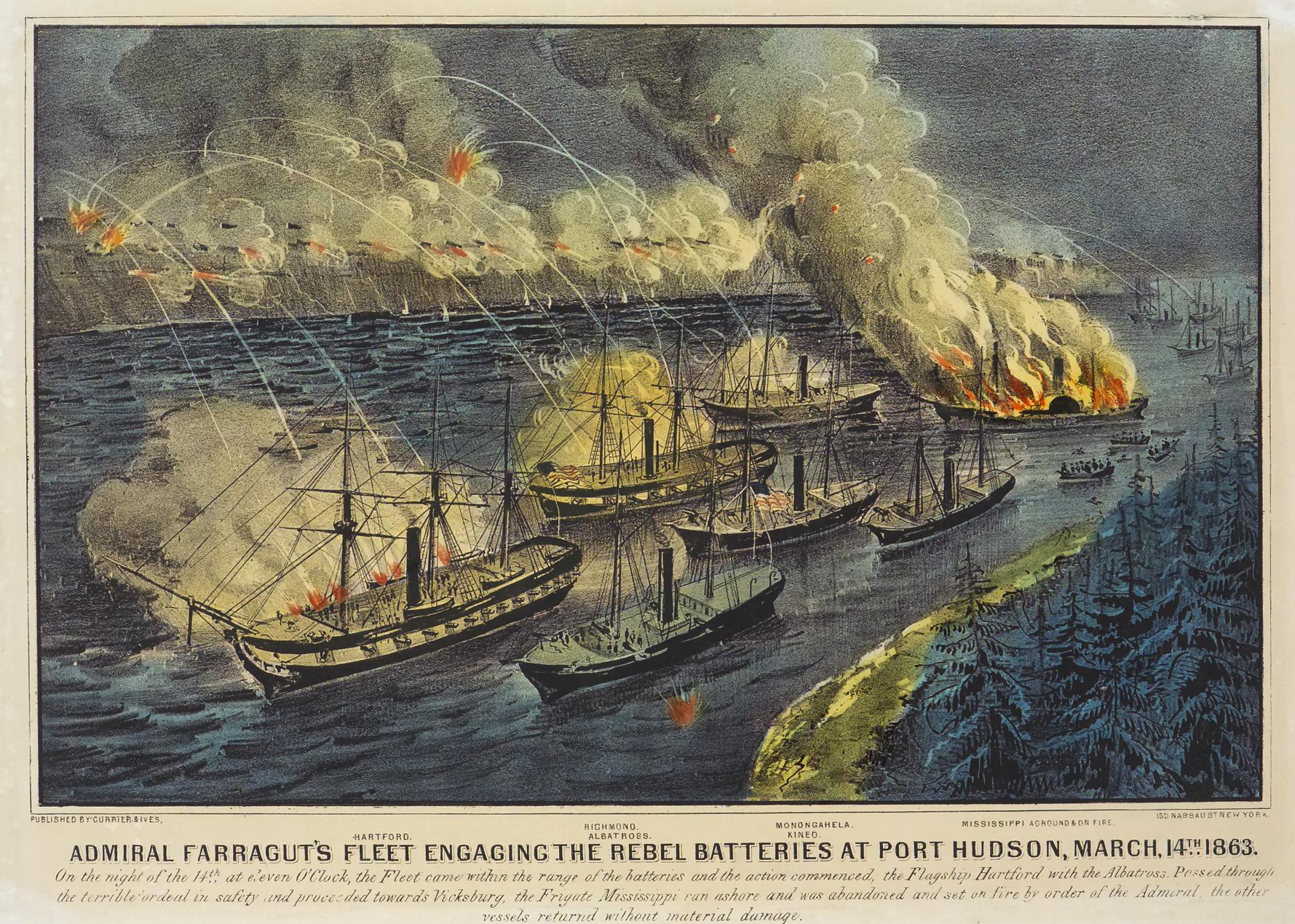 Admiral Farragut’s Fleet Engaging The Rebel Batteries At Port Hudson, March 14th 1863." Currier & Ives. Courtesy Springfield Museums, 2004.D03.200.