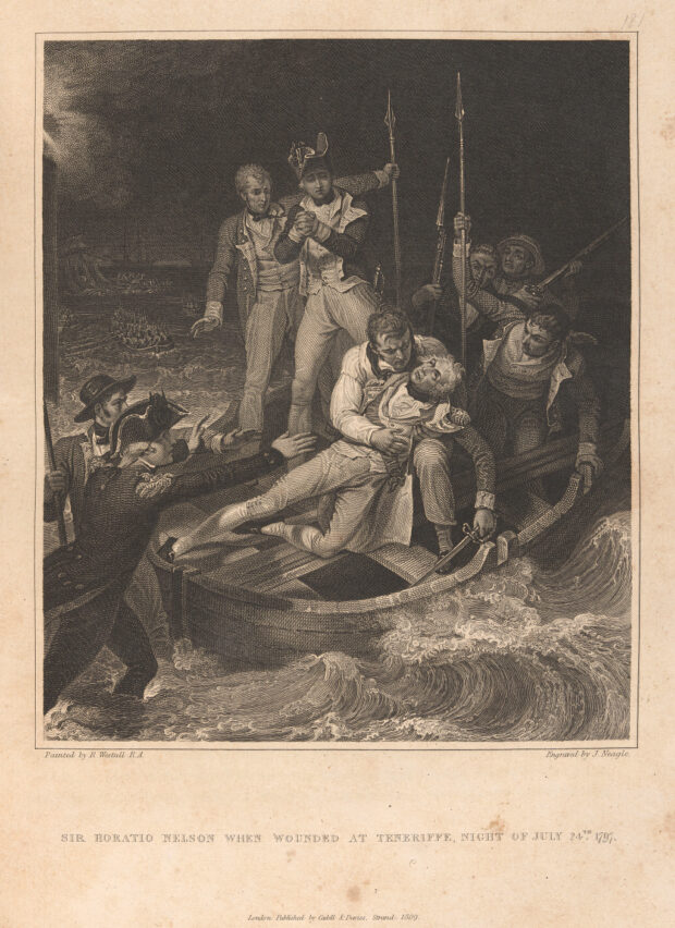 Men in and around a boat look distressed as they observe a man holding another man who appears weakened. Some of the men are holding sphere-type weapons. Another is rushing toward the boat with outstretched arms.