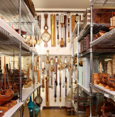 Shelves with artifacts on them