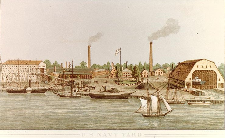 A lithograph of vessels sailing on water in the foreground with buildings and smokestacks in the background