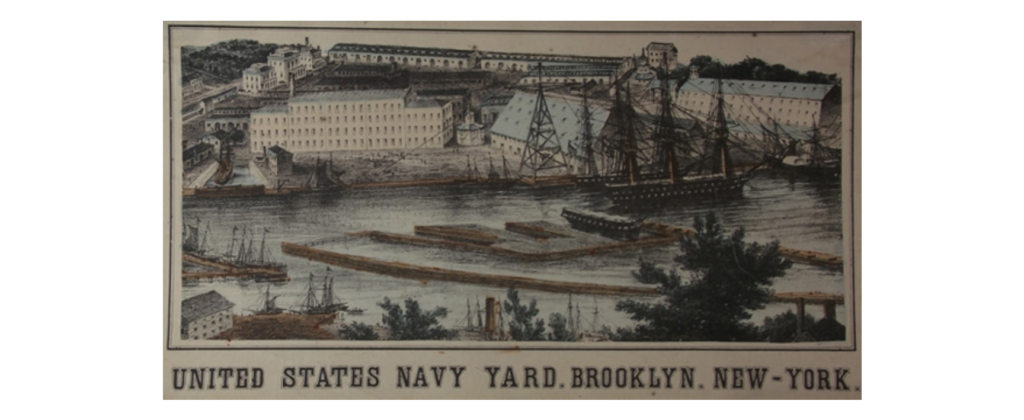 A drawing of a body of water with buildings on land in the background and multiple vessels on the water. The drawing is titled, "United States Navy Yard. Brooklyn New York."