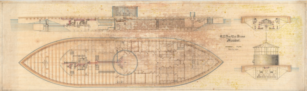 An aged blueprint of a ship with the writing Monitor in large letters.