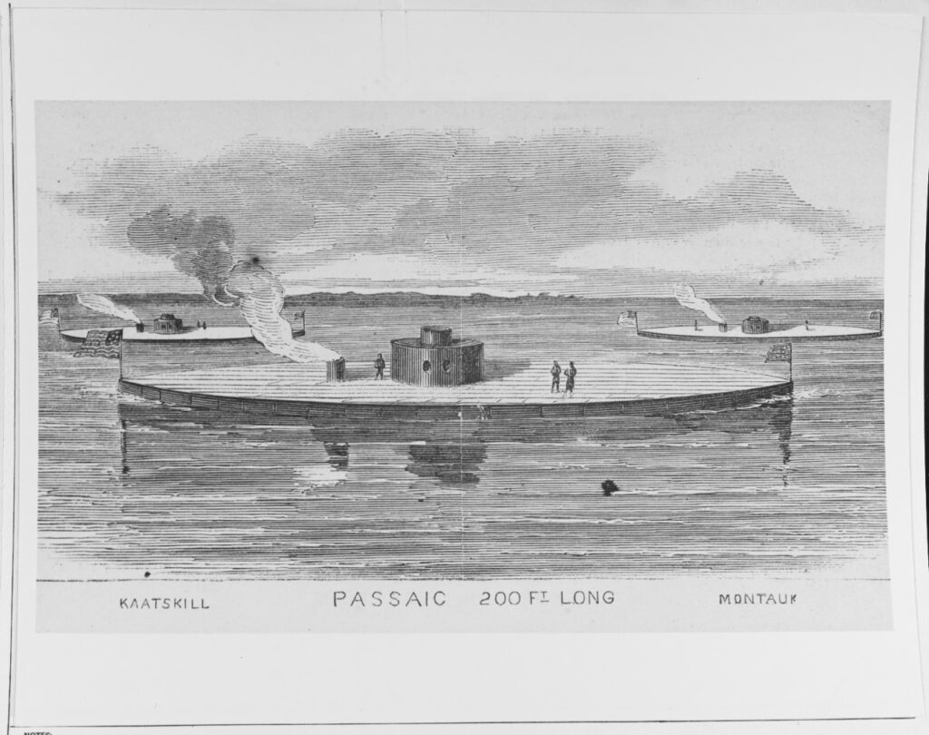 Men stand on the deck of a vessel on the water with 2 other vessels floating nearby. From left to right, these words appear: Kaatskill, Passaic, and Montaux