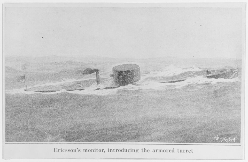 A ship is submerged in the water with the turret above the waves. The print is titled Ericsson's monitor, introducing the armored turret.