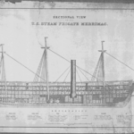 An aged blueprint of a ship titled "Sectional view of the U.S. Steam Frigate Merrimac."