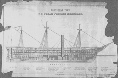 An aged blueprint of a ship titled "Sectional view of the U.S. Steam Frigate Merrimac."