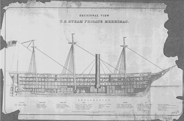 An aged blueprint of a ship titled "Sectional view of the U.S. Steam Frigate Merrimac."