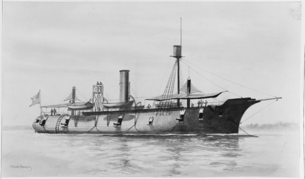 A black and white rendering of a ship floating on the water with people aboard