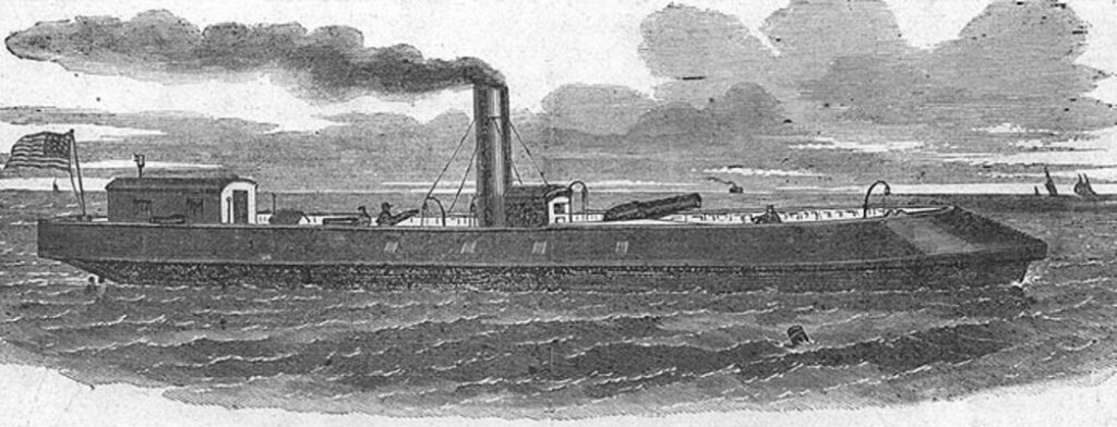 A dark painting of a ship on the water with smoke coming out of the smokestack and people aboard.