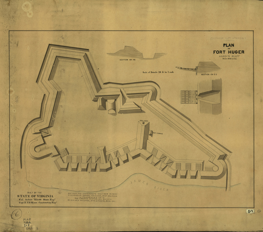 An aged rendering entitled: Plan of Fort Huger