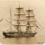 A sepia tone print of a ship with white sails on the water.