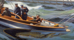 men on a schooner in the water.